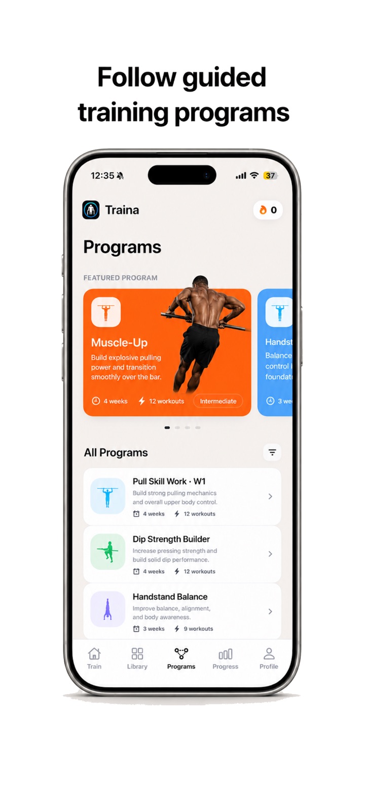 Traina calisthenics training program shown on an iPhone