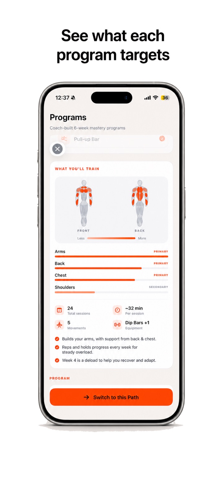Traina program details showing the muscles targeted by a workout